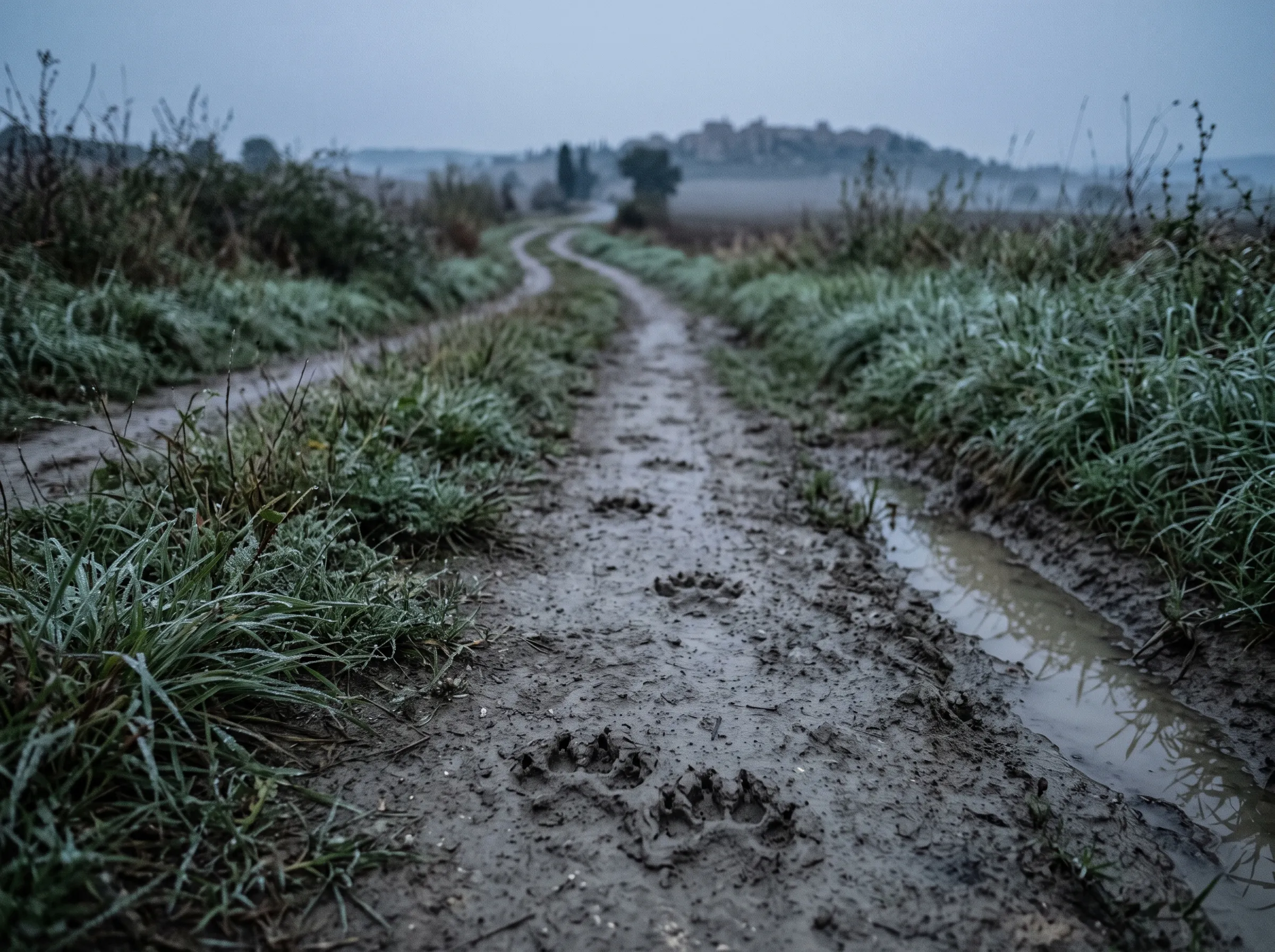 Sentiero sterrato di campagna con impronte nel fango